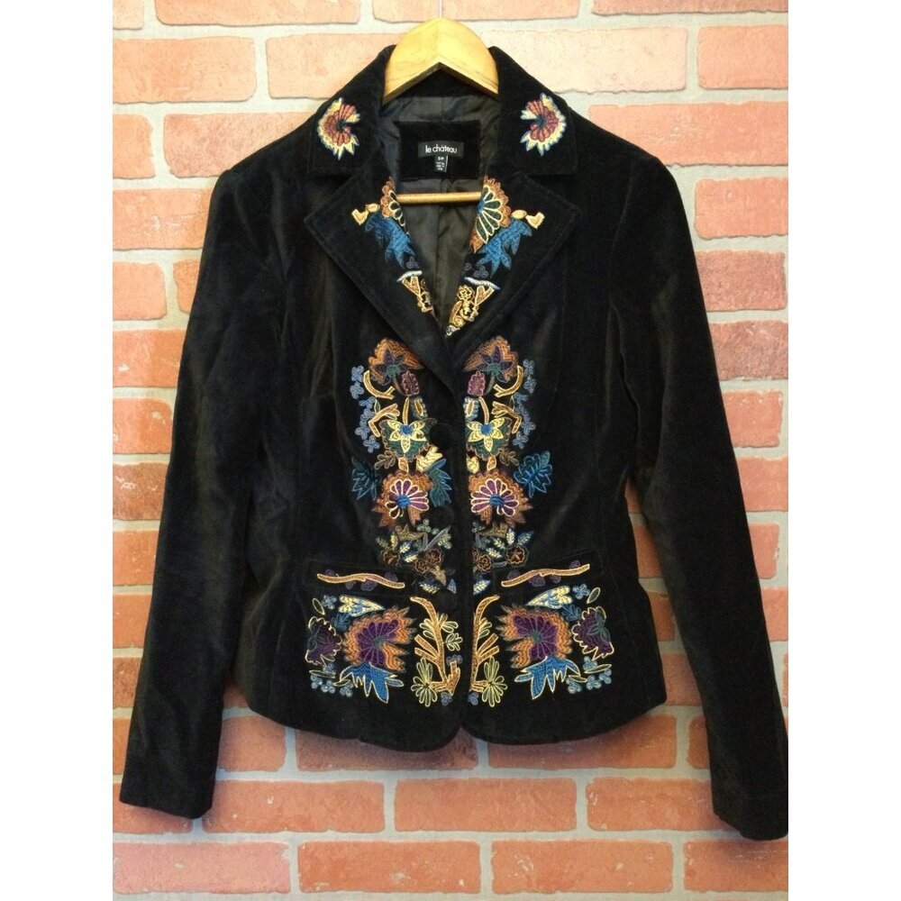 Le Chateau Women's Embroidered Velvet Blazer Black Boho Floral Goth Whimsigoth